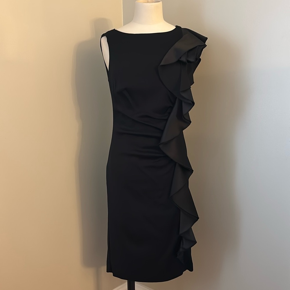 Le Chateau Black Sleeveless Dress with Asymmetrical Floral Ruffle Sz M